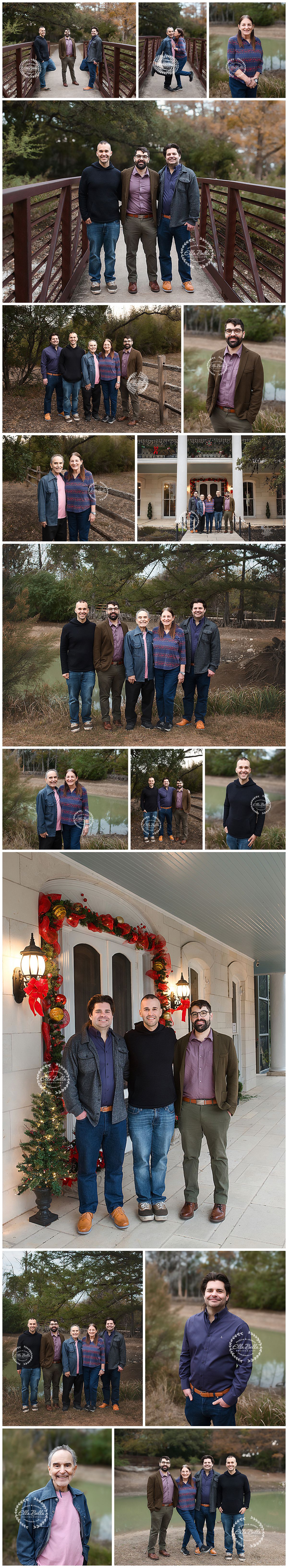 A collection of outdoor and indoor family portraits taken at a location with a rustic wooden bridge and decorated porch.