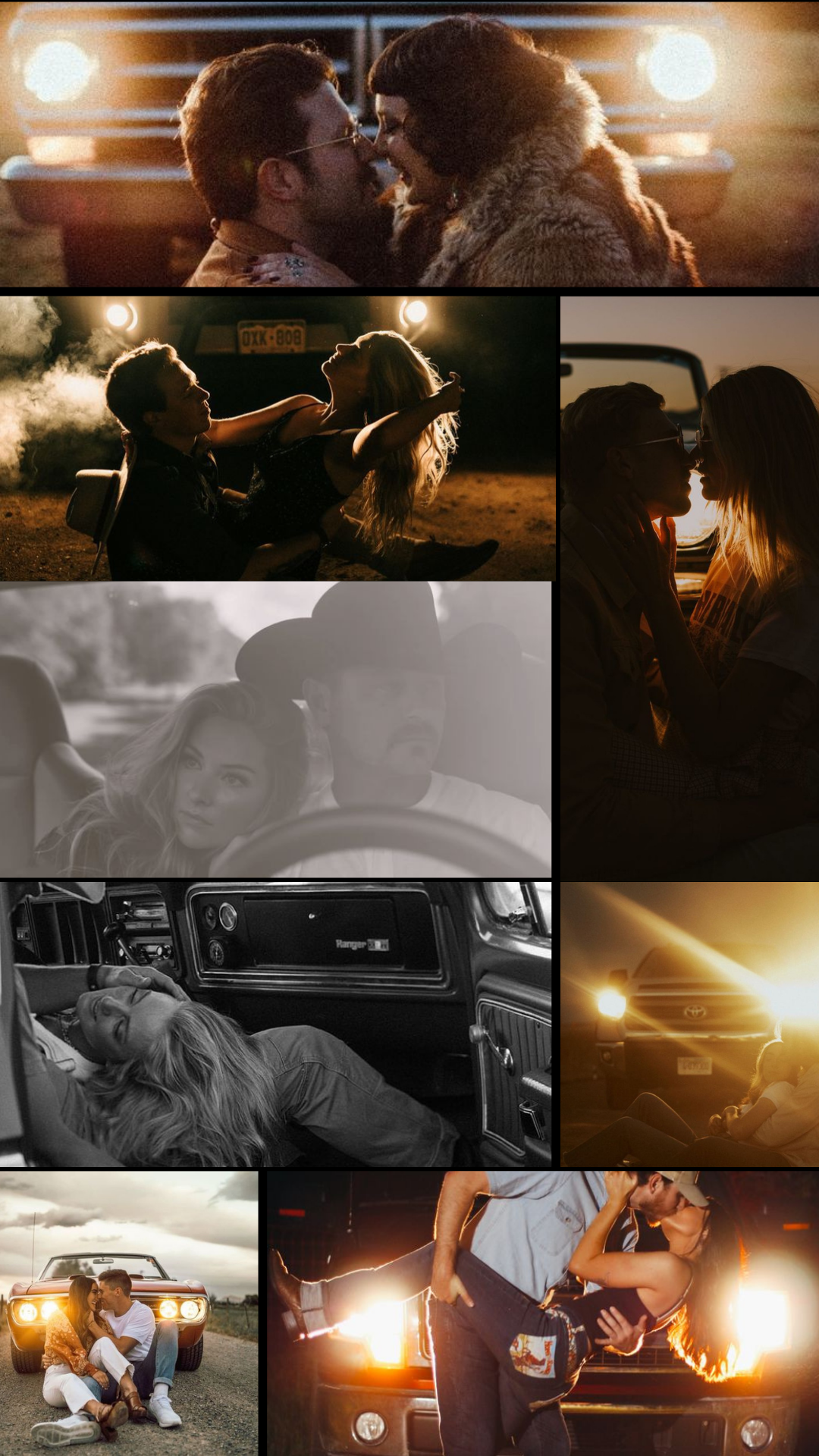 Cinematic collage of moody car scenes at night with dramatic lighting and intimate moments in vehicles.