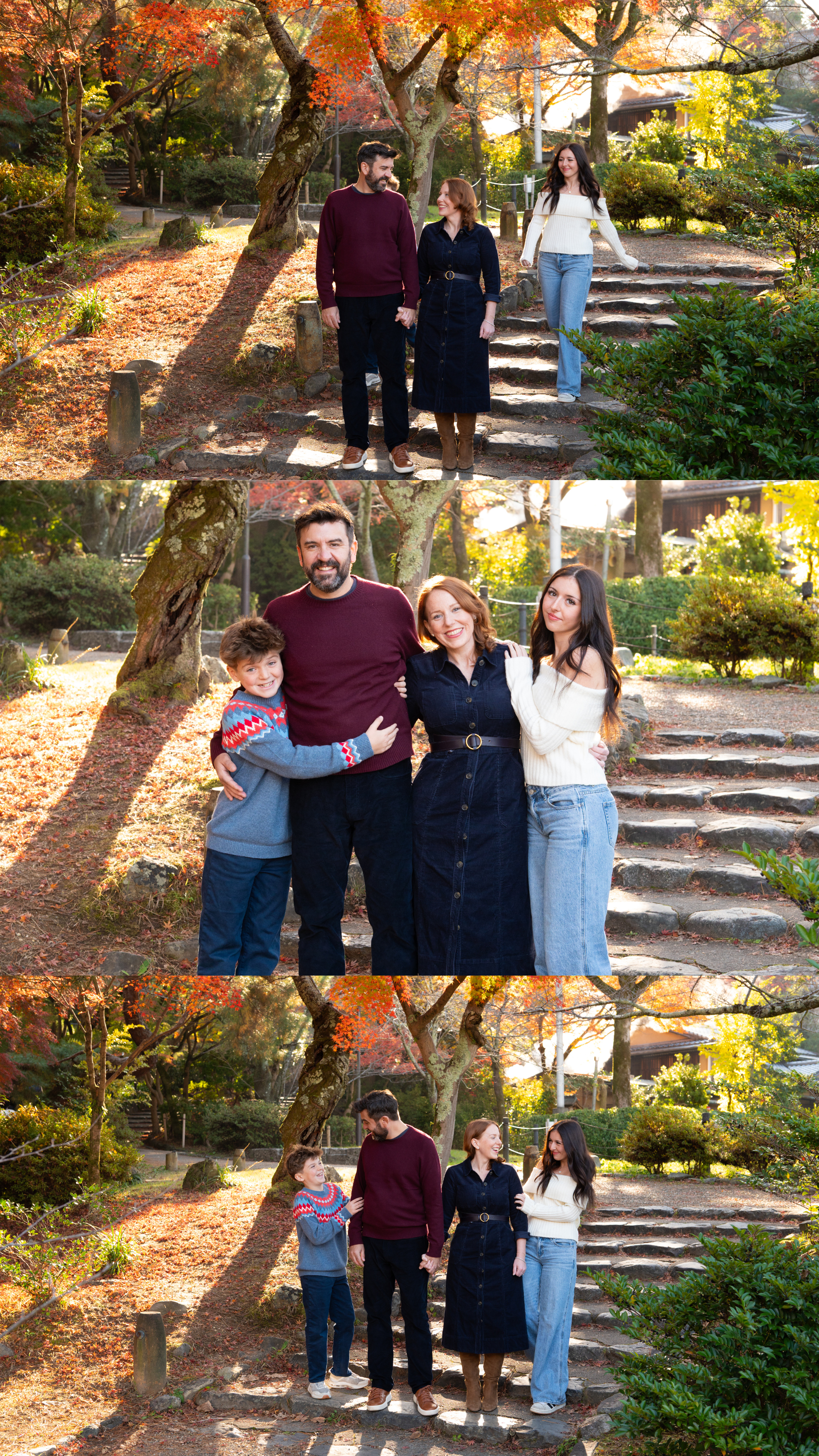 Family of four walking and posing on a path with vibrant autumn foliage in Japan.