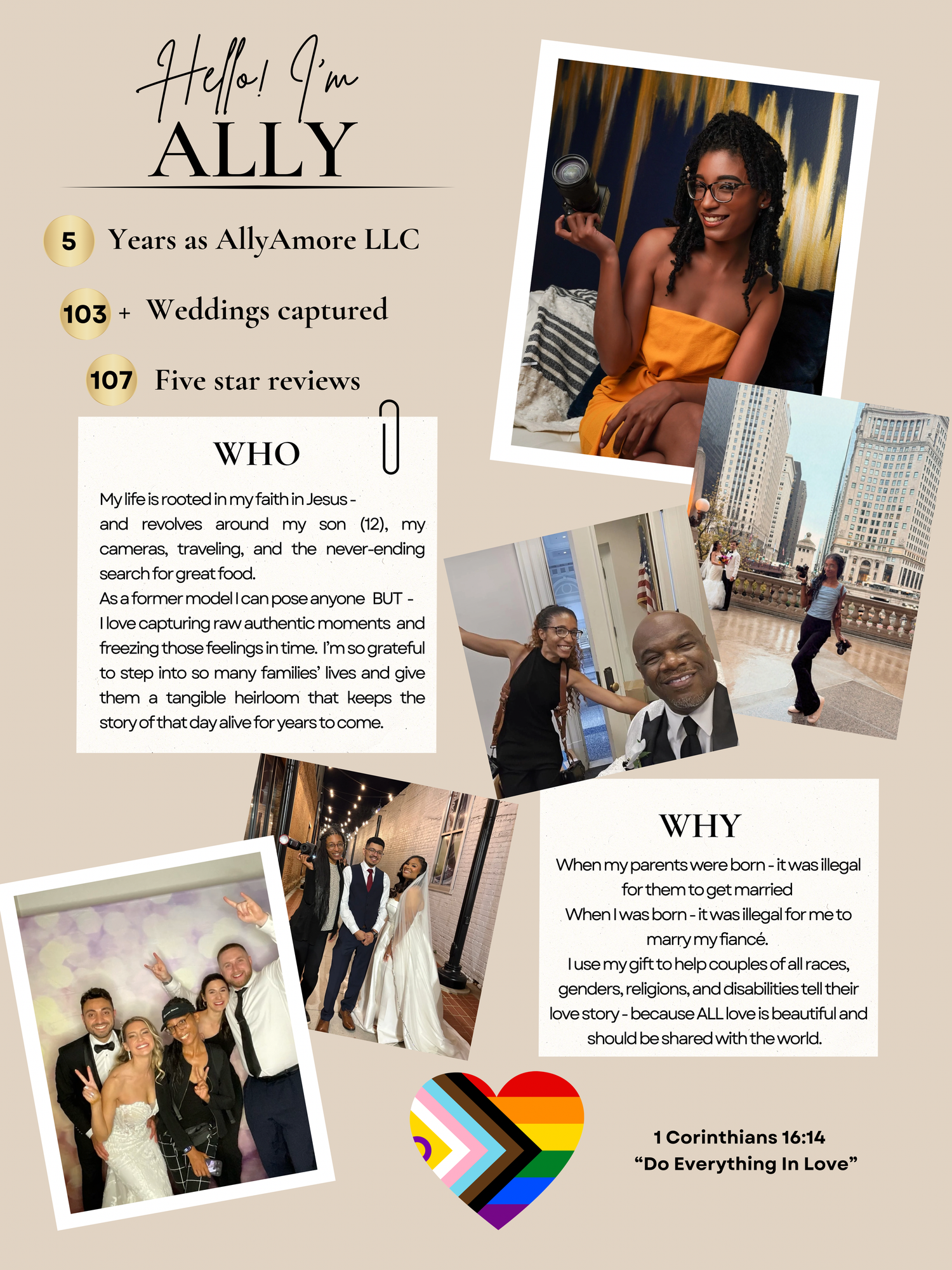 Wedding photography website layout showing statistics, rainbow pride flag, and portfolio images of celebrations and venues.