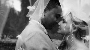 A black and white wedding photo collage showing intimate moments between newlyweds during their special day.