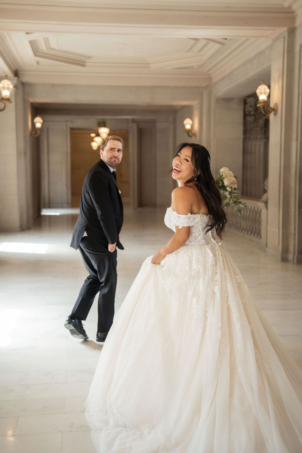 Artistic wedding sequence showing bride in ballgown and groom in various poses throughout elegant venue.