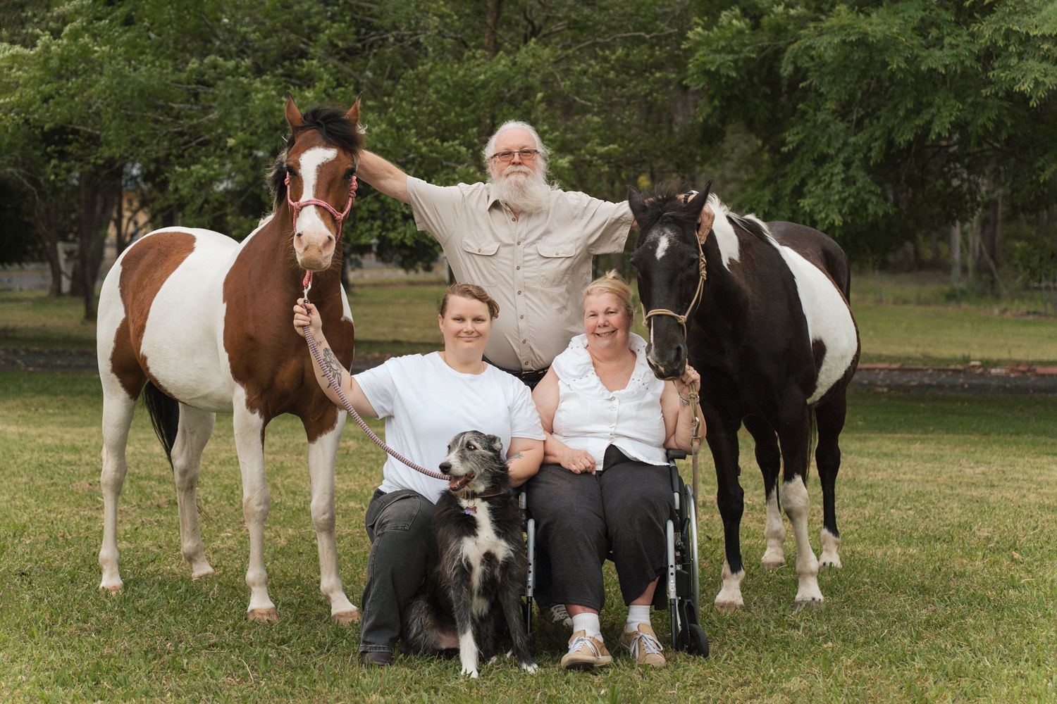 A group of horses and people gather together in a grassy field during a horse photoshoot in sydney