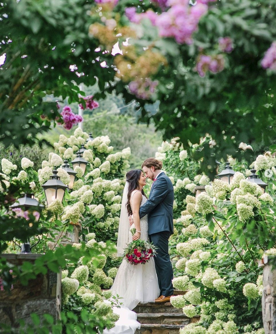 A romantic wedding couple embraces in a lush garden setting with blooming hydrangeas and pink flowers.
