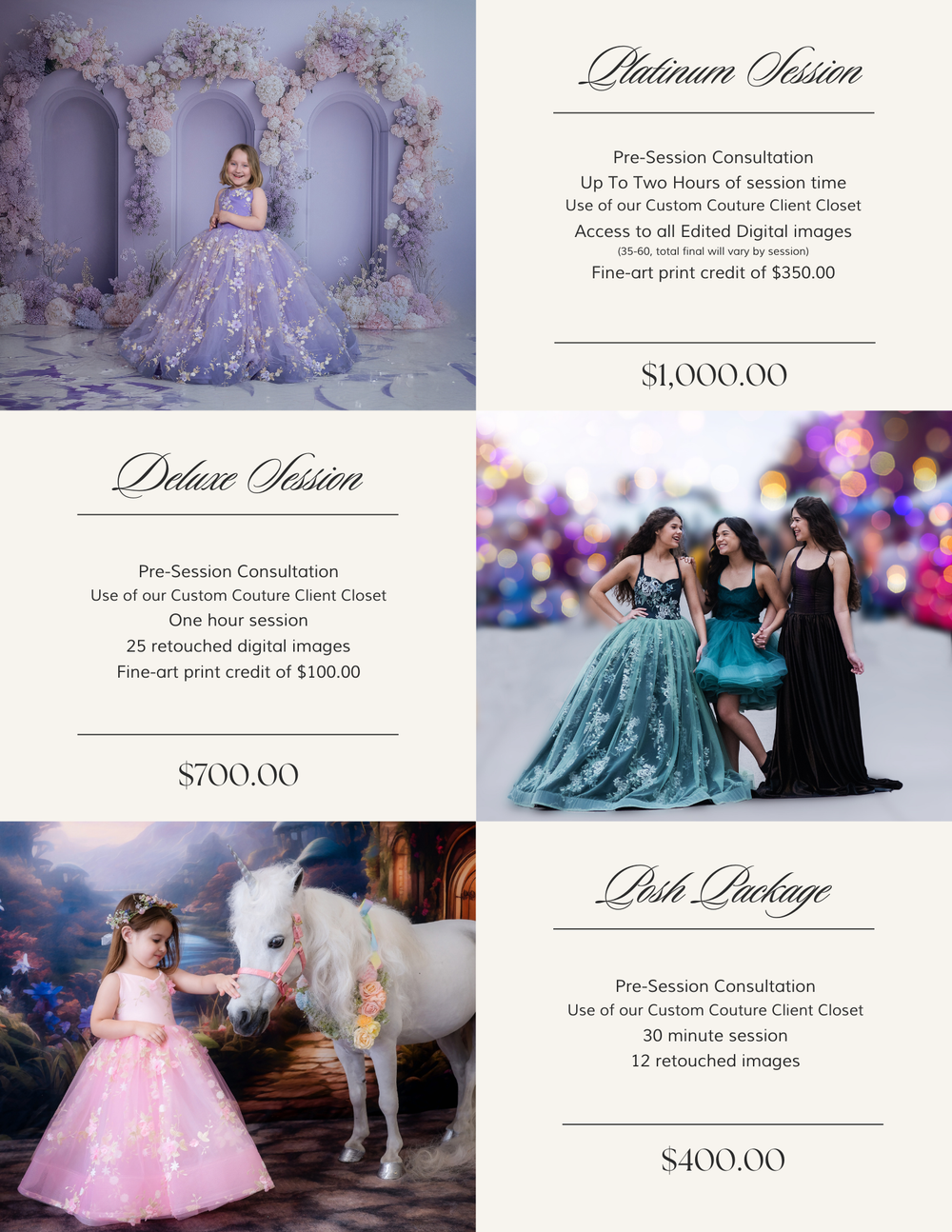 Collection of elegant photography session packages featuring formal gowns and dreamy settings.