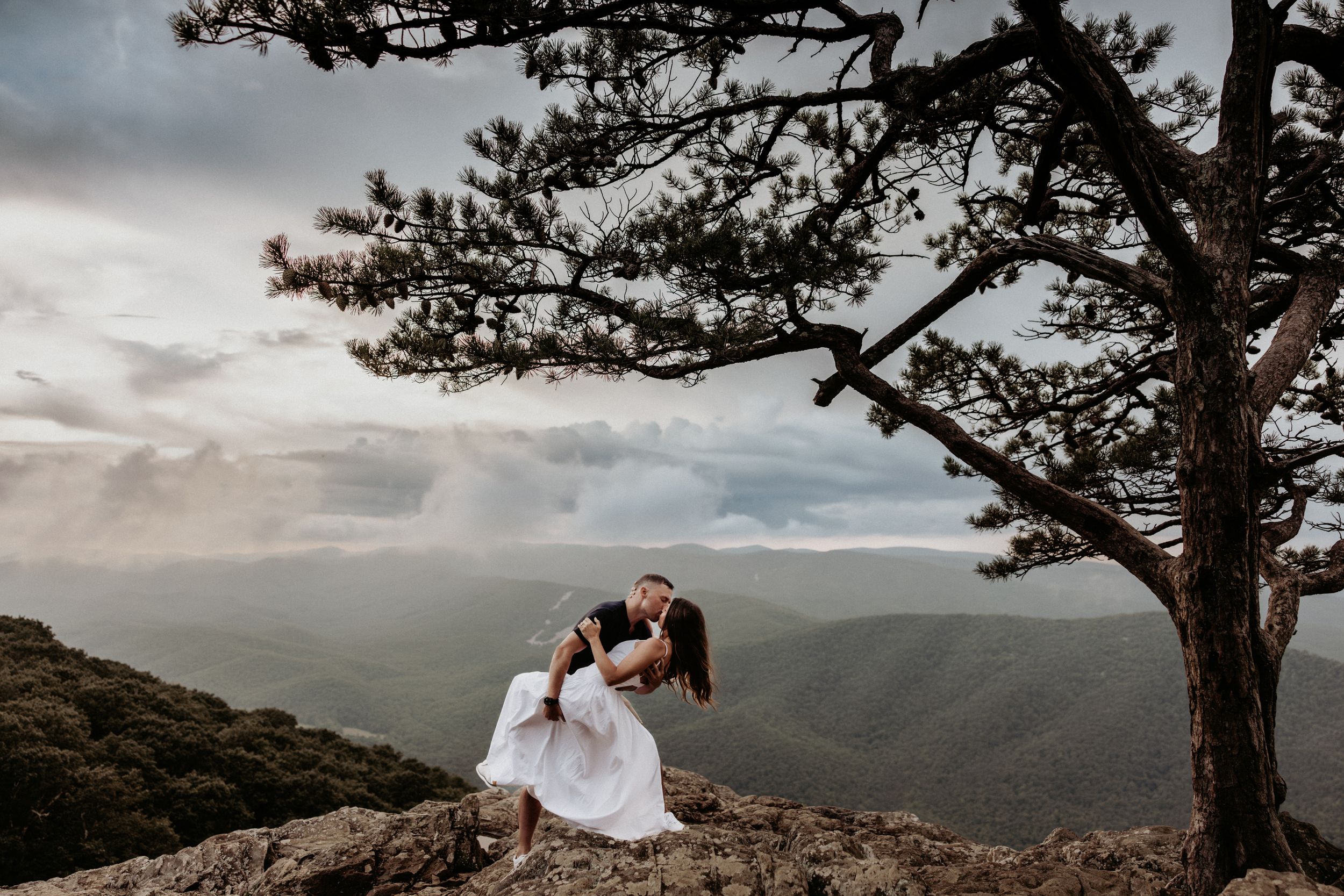 A wedding couple embraces beneath a windswept tree on a dramatic mountain overlook at sunset.