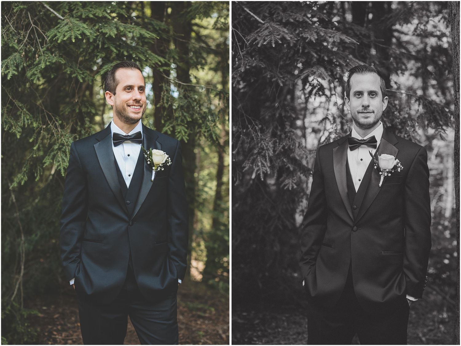 A series of formal portraits showing someone in wedding attire in various poses against outdoor settings.