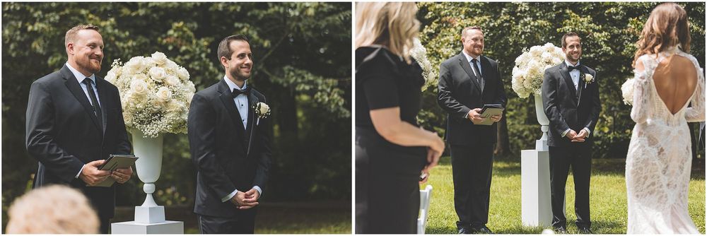 A series of candid wedding celebration photos showing outdoor ceremony moments in a garden setting.