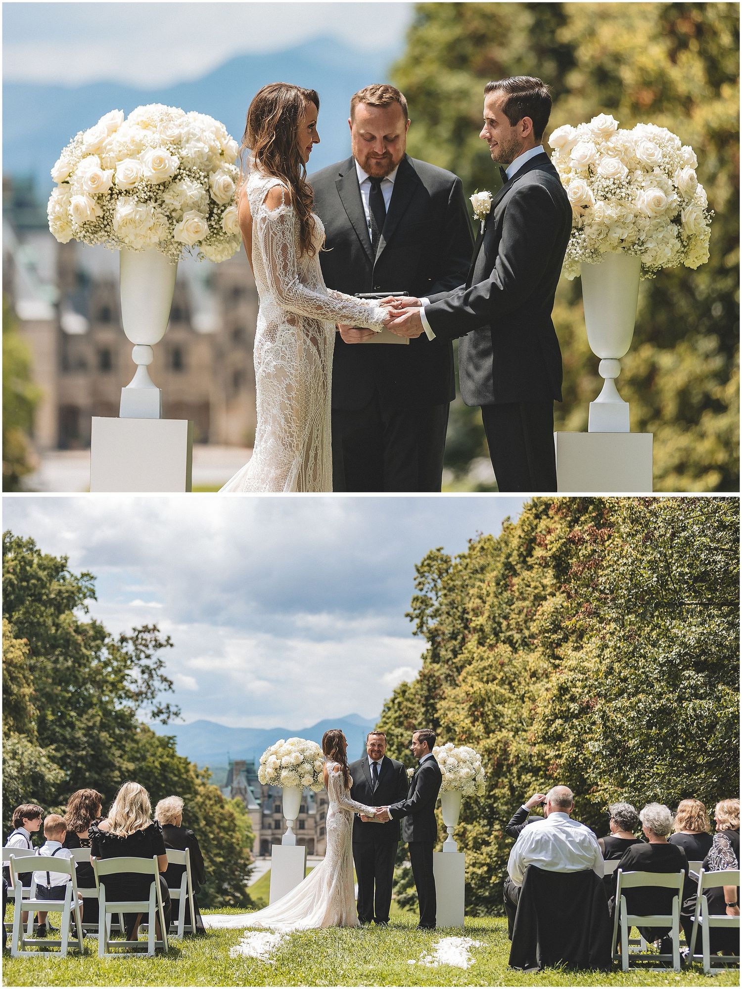 Beautiful outdoor wedding ceremony with white floral arrangements and elegant garden setting under blue summer sky.