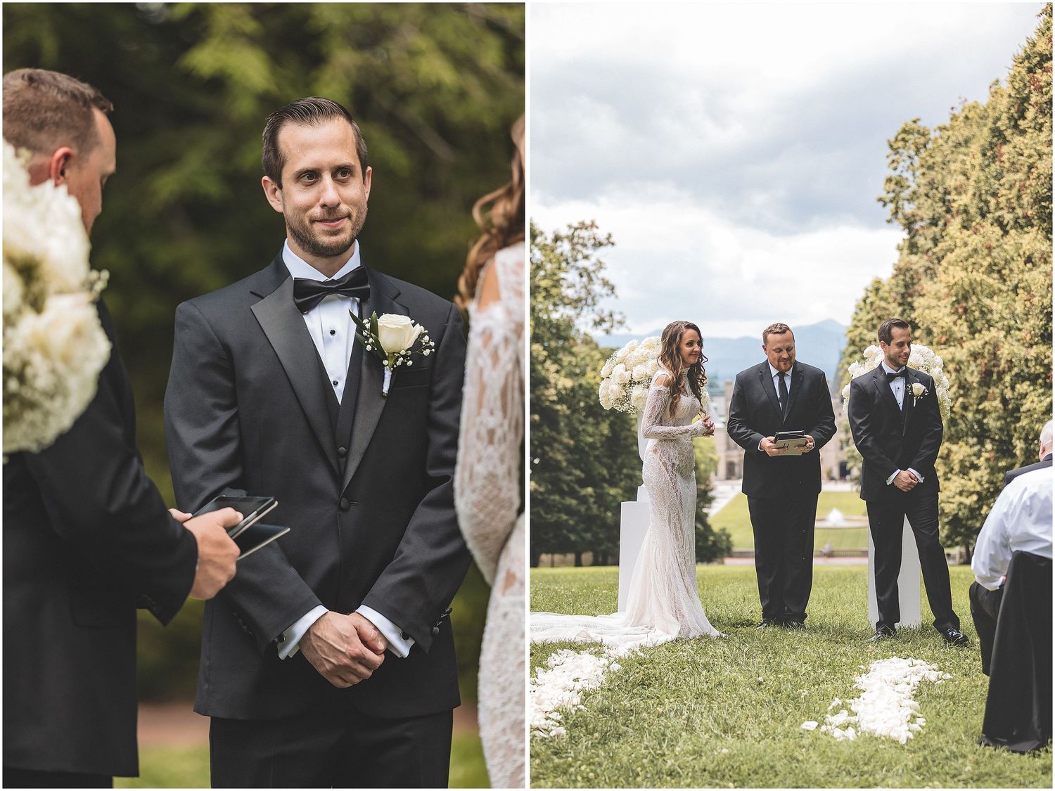 Members of a wedding party stand together outdoors during an autumn ceremony with golden foliage in the background.