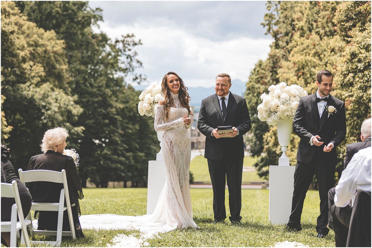 A series of outdoor wedding ceremony moments showing people gathered in a park-like setting during a sunny celebration.