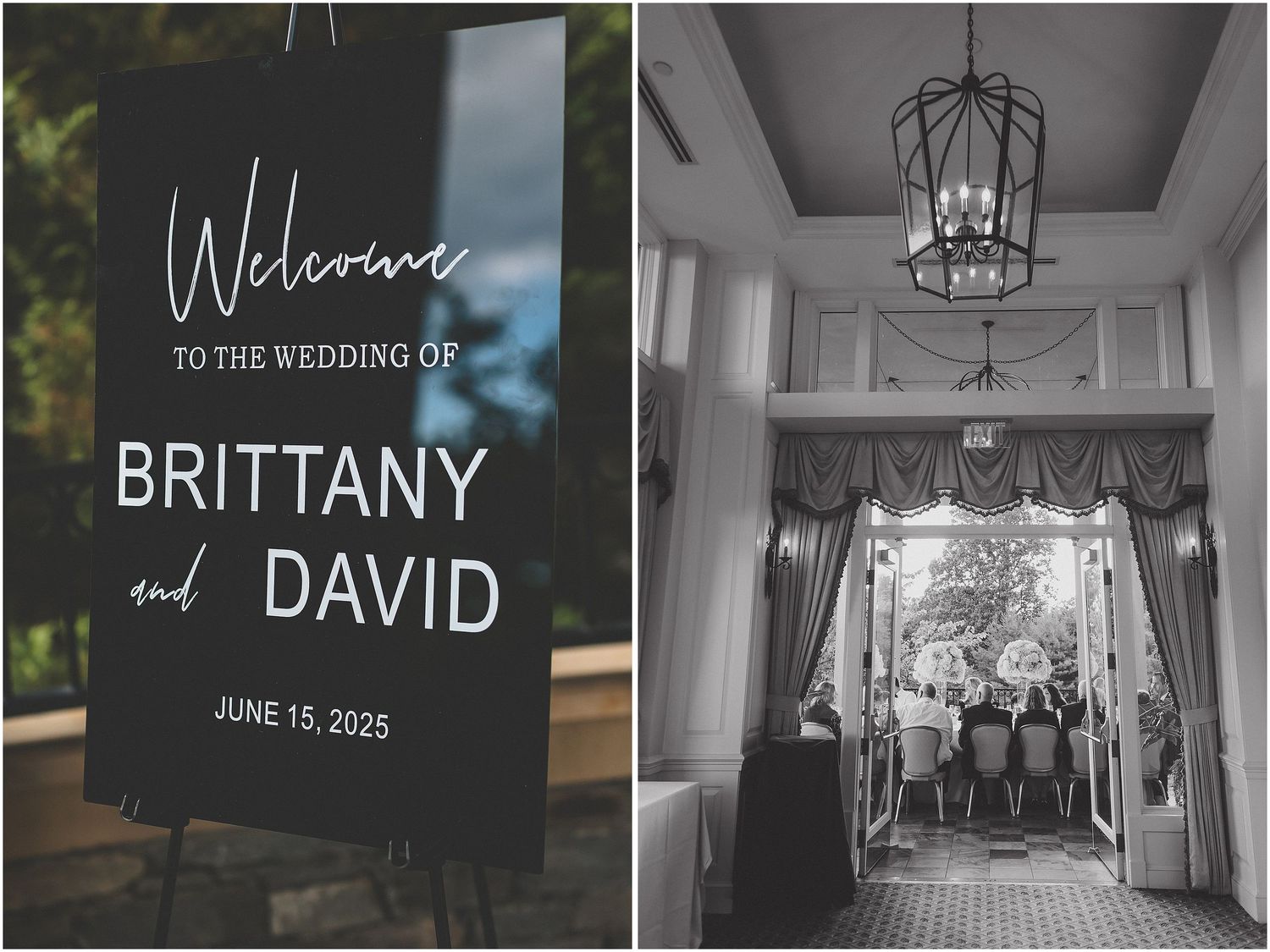 A series of elegant black and white wedding photographs displayed in a collage showing venue entrances and welcome signs.