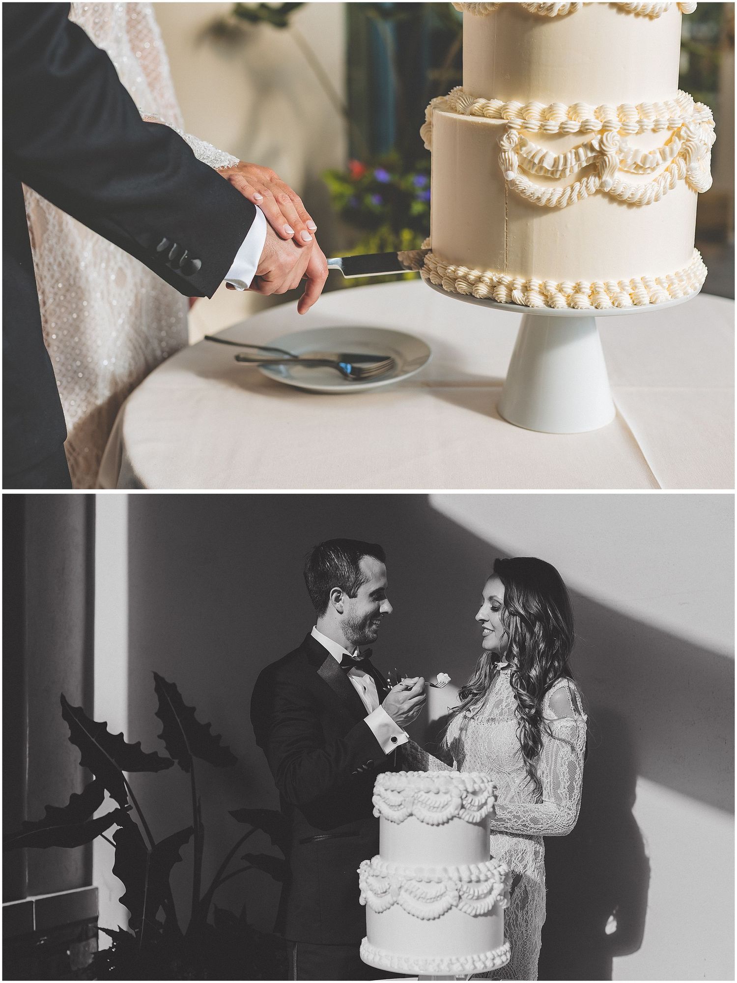 A series of black and white wedding photos showing a couple cutting their traditional tiered white cake with piped decorations.
