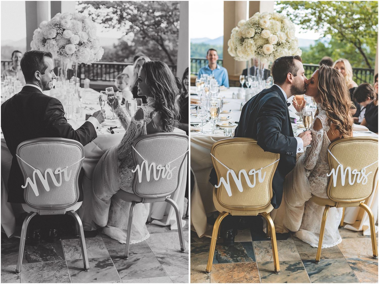 Two grey chairs with 'Mr' and 'Mrs' text sitting on a patio or outdoor space creating a romantic setting.