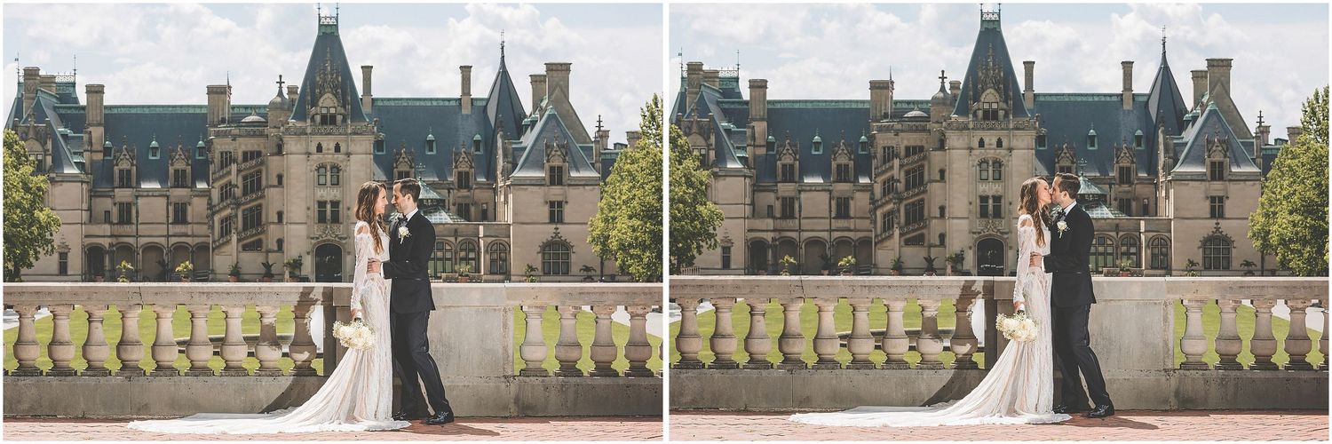 Long view of a majestic castle with ornate architecture and spires set against a cloudy sky.
