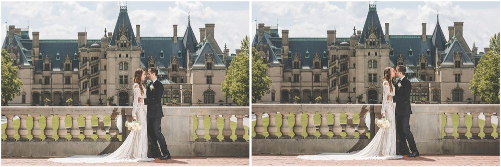 Long view of a majestic castle with ornate architecture and spires set against a cloudy sky.