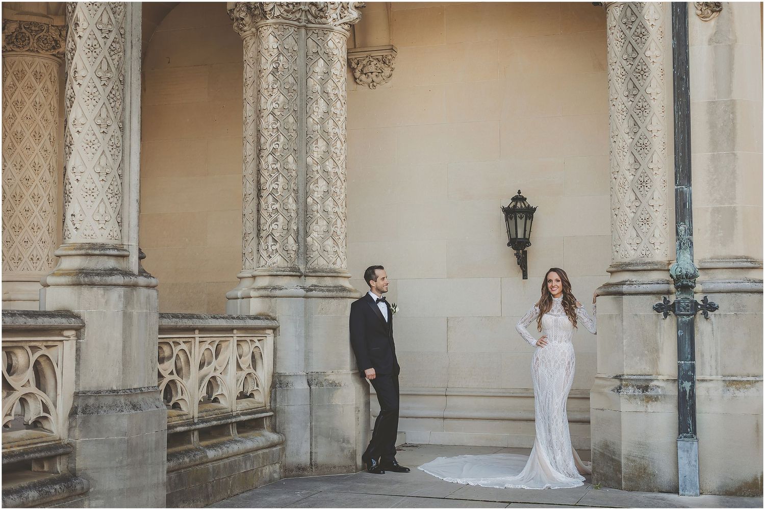 A series of elegant wedding photos taken in a classical stone archway corridor with ornate architectural details.
