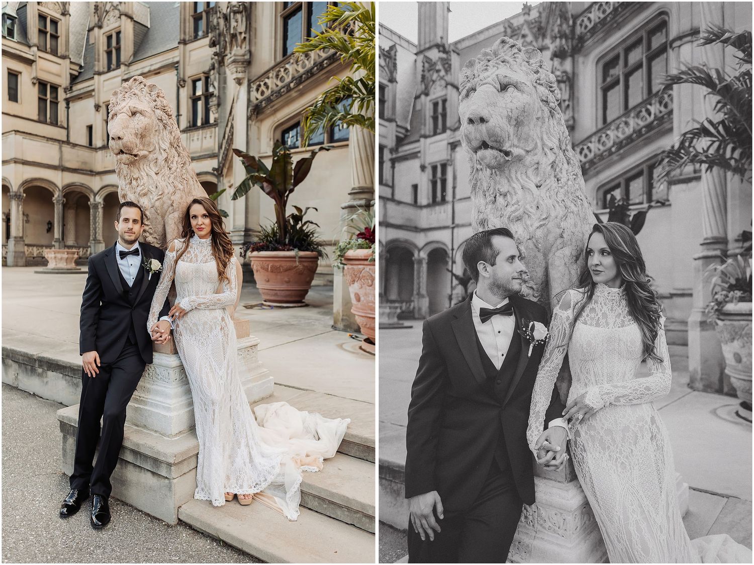A romantic wedding couple shares tender moments at various spots around an elegant European-style building exterior.