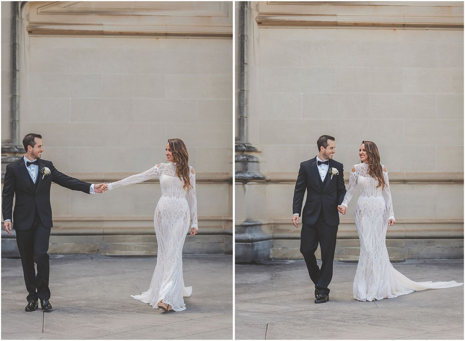 A couple in wedding attire pose in a sequence of playful movements along a beige wall.