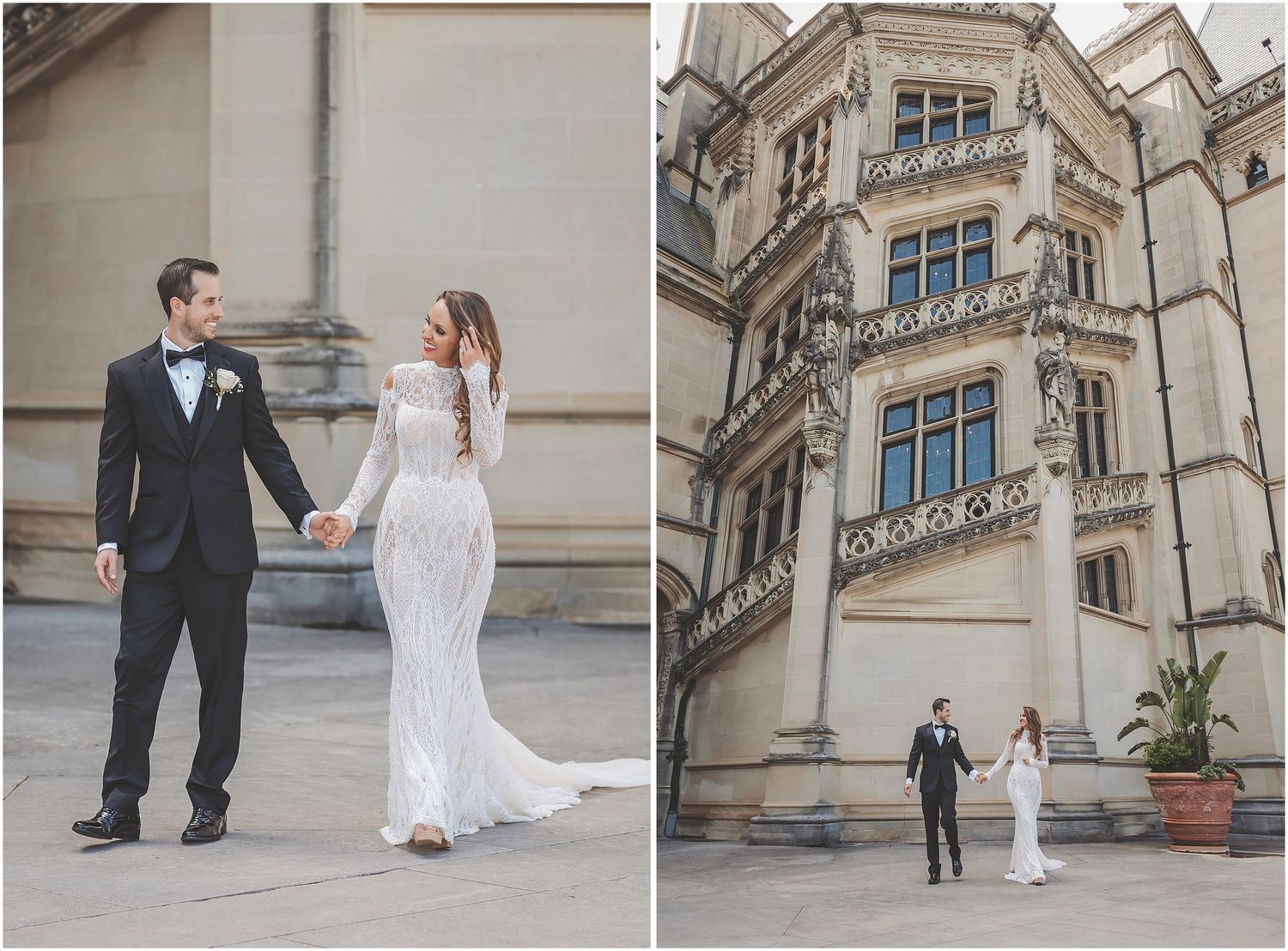 Elegant wedding couple in formal attire photographed in front of historic stone architecture with ornate details.