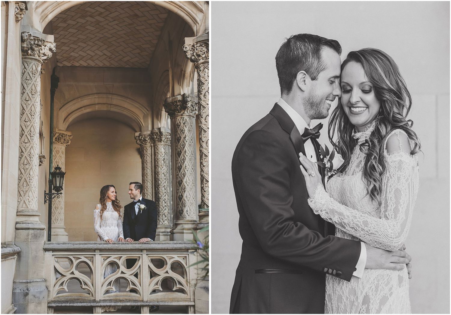A romantic wedding couple shares tender moments in elegant archways of a historic building in black and white tones.