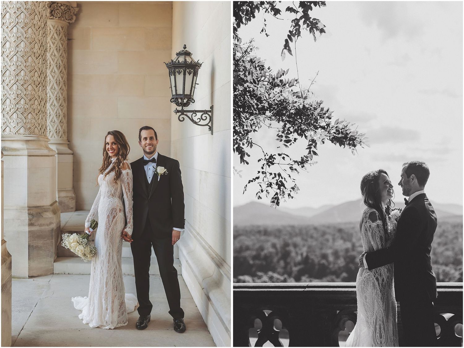 A wedding couple poses for a series of romantic black and white photos in front of an elegant historic building.