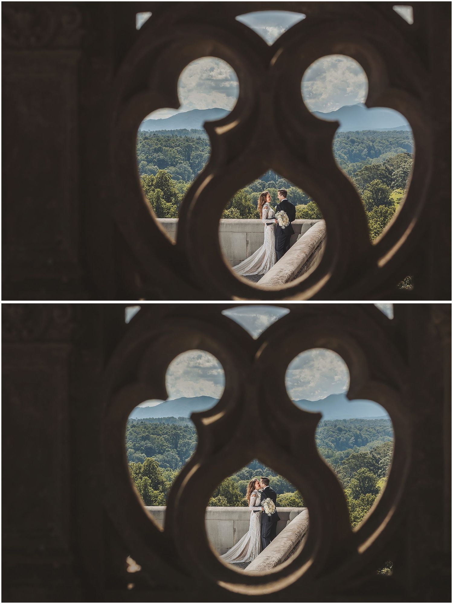 A scenic landscape view framed through gothic trefoil windows in a stone wall, showing a distant hillside and green valley.