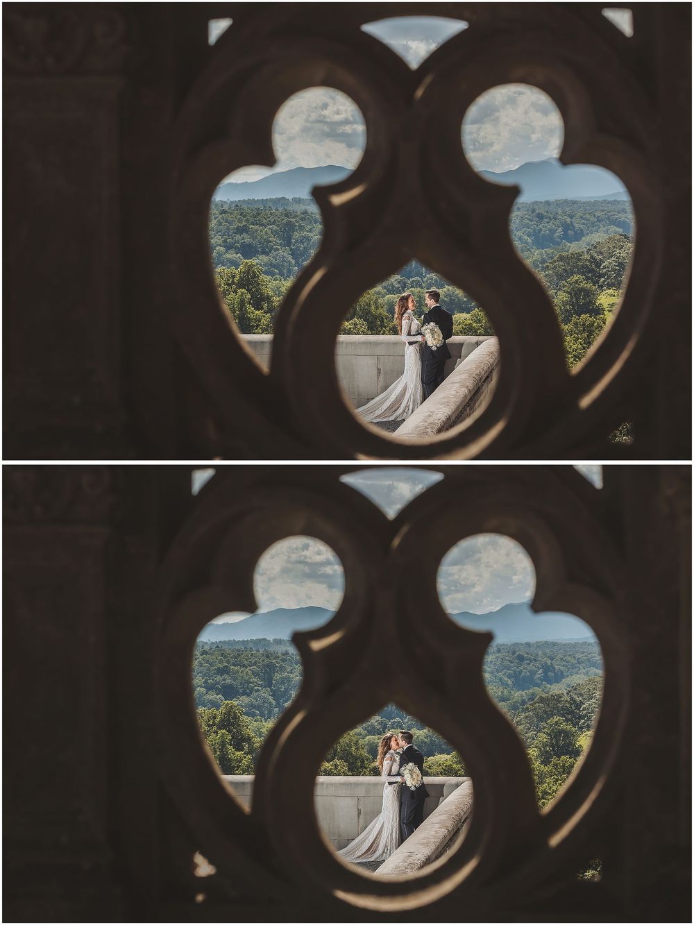 A scenic landscape view framed through gothic trefoil windows in a stone wall, showing a distant hillside and green valley.