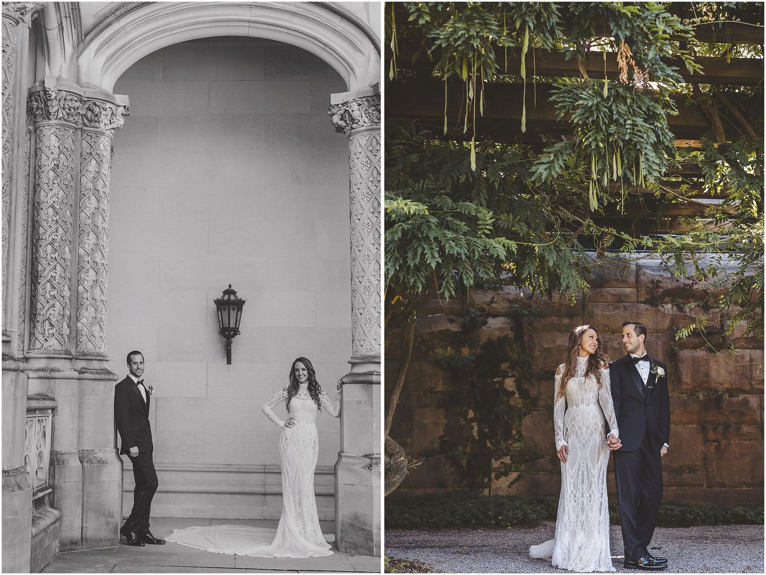 A beautiful garden wedding ceremony with guests seated on either side of a serene walkway surrounded by greenery and trees.
