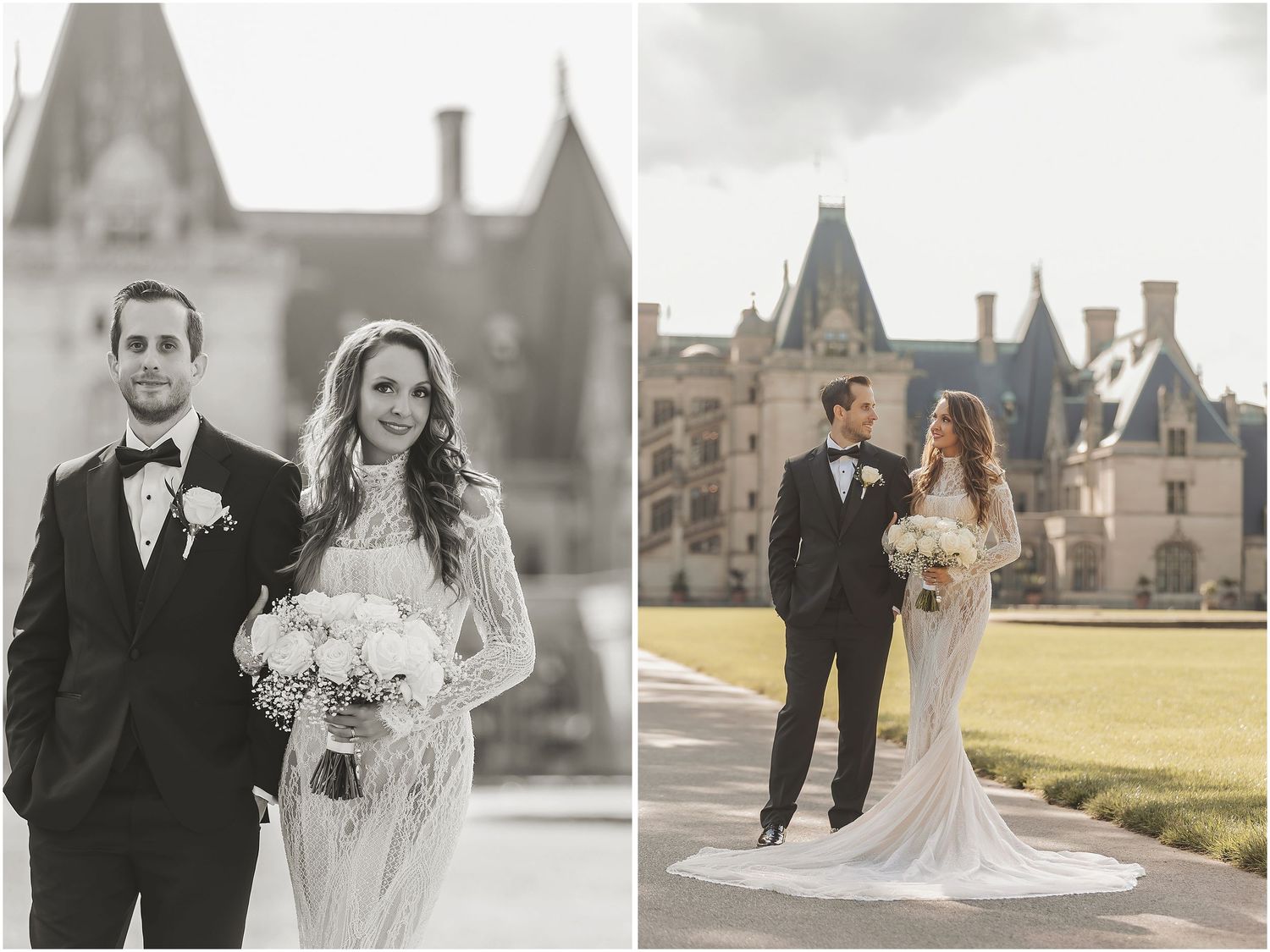 A collection of ten romantic wedding photos showing couples in formal attire at an elegant outdoor venue in black and white.