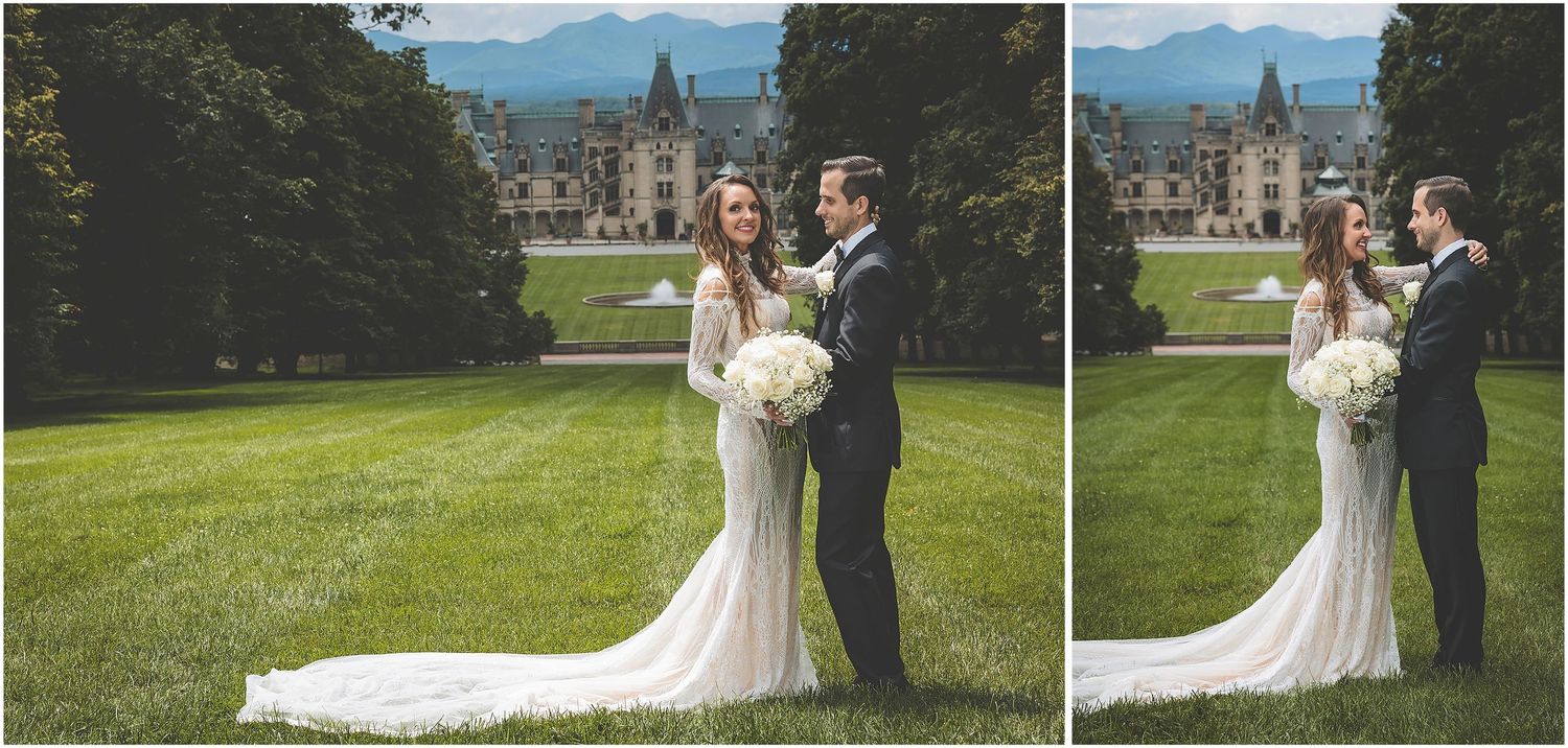 Newlywed couple poses amidst a scenic mountain landscape on their outdoor wedding day in summer.