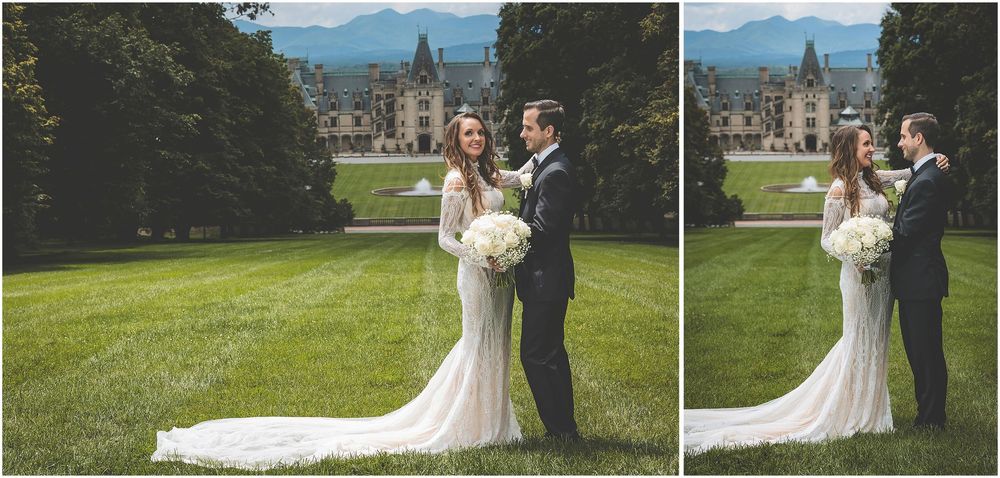 Newlywed couple poses amidst a scenic mountain landscape on their outdoor wedding day in summer.