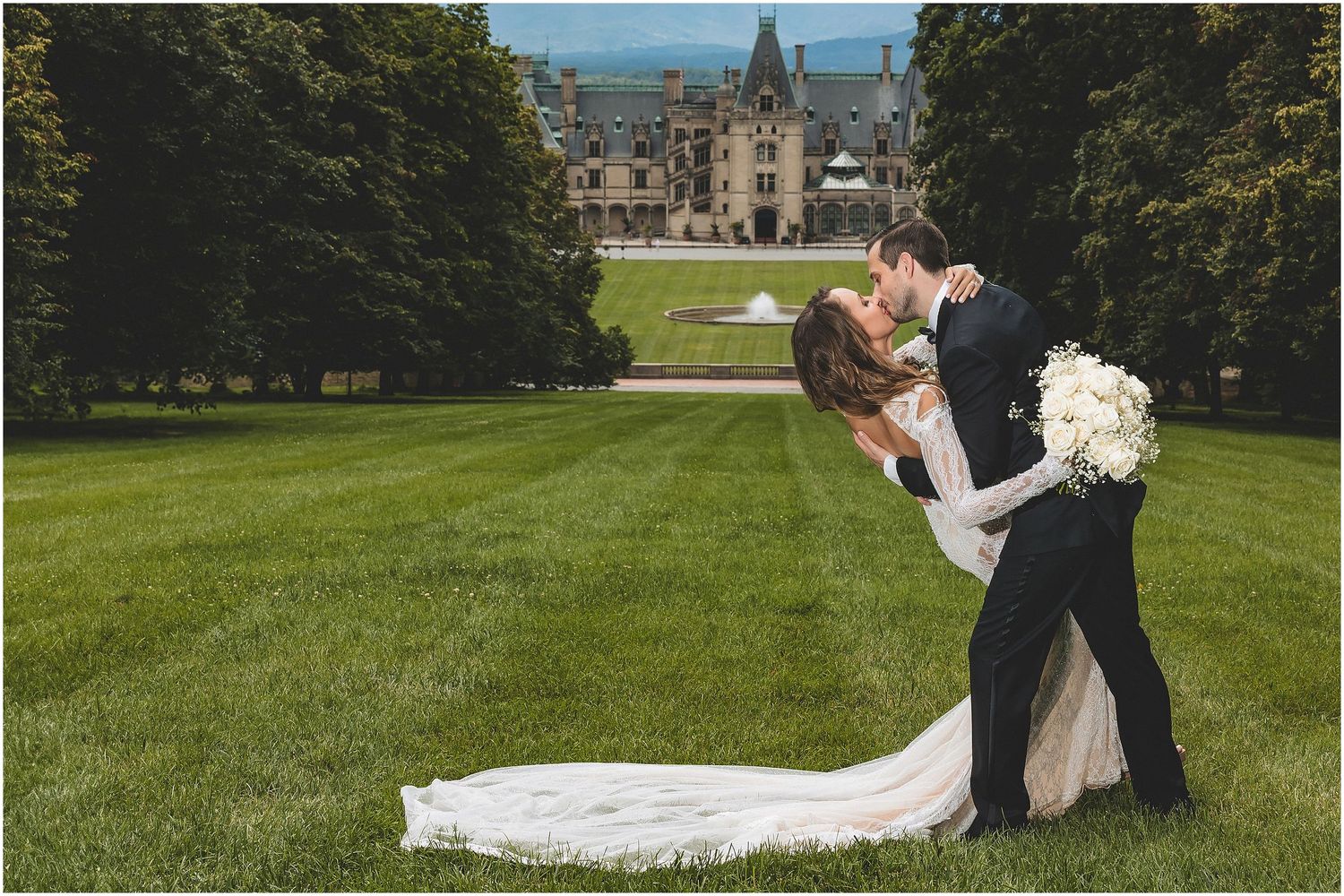 A romantic wedding couple shares intimate moments across different poses in an elegant outdoor garden setting.