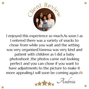 A positive client review with 5-star rating praising the photographer's patience and skill during a baby photoshoot session.