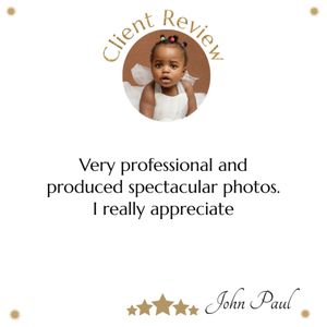 Client review card with 5 star rating showing a testimonial about professional photography services.