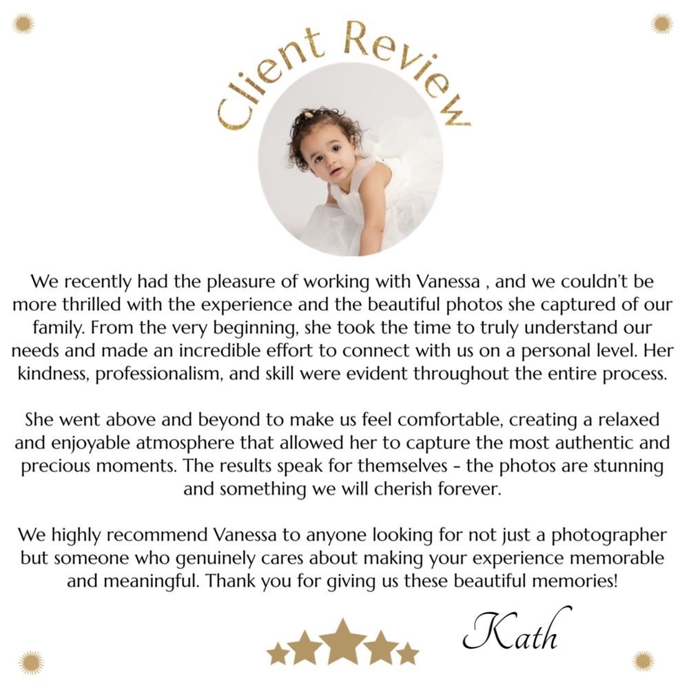 A circular client testimonial with gold accents and five-star rating showcases a glowing review from a satisfied photography client.