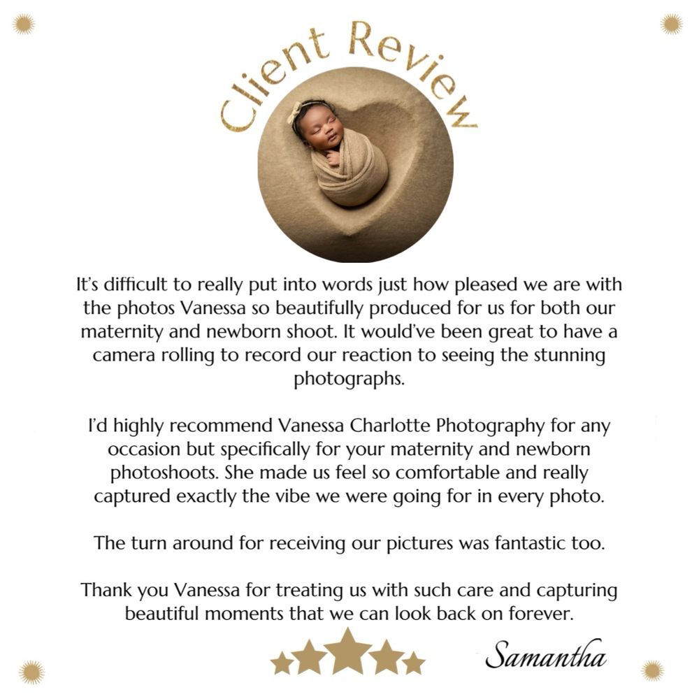 A circular client review badge with gold tones displaying a testimonial and five star rating for newborn photography services.