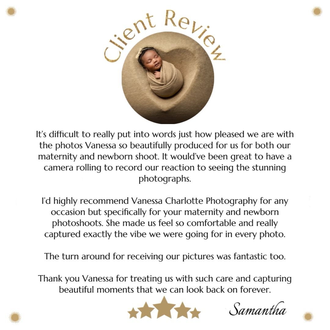 A circular client review badge with gold tones displaying a testimonial and five star rating for newborn photography services.