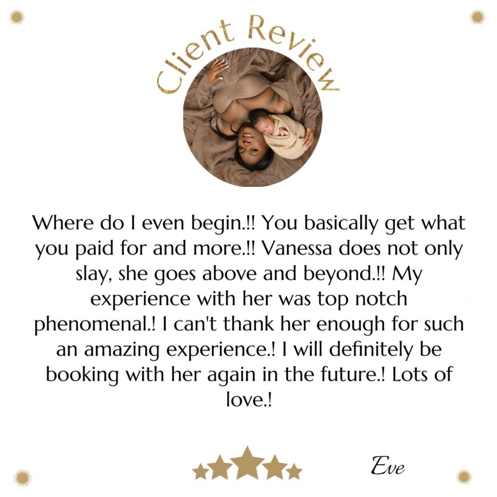 A glowing 5-star client review praising exceptional service and experience, with a bronze circular logo at the top.