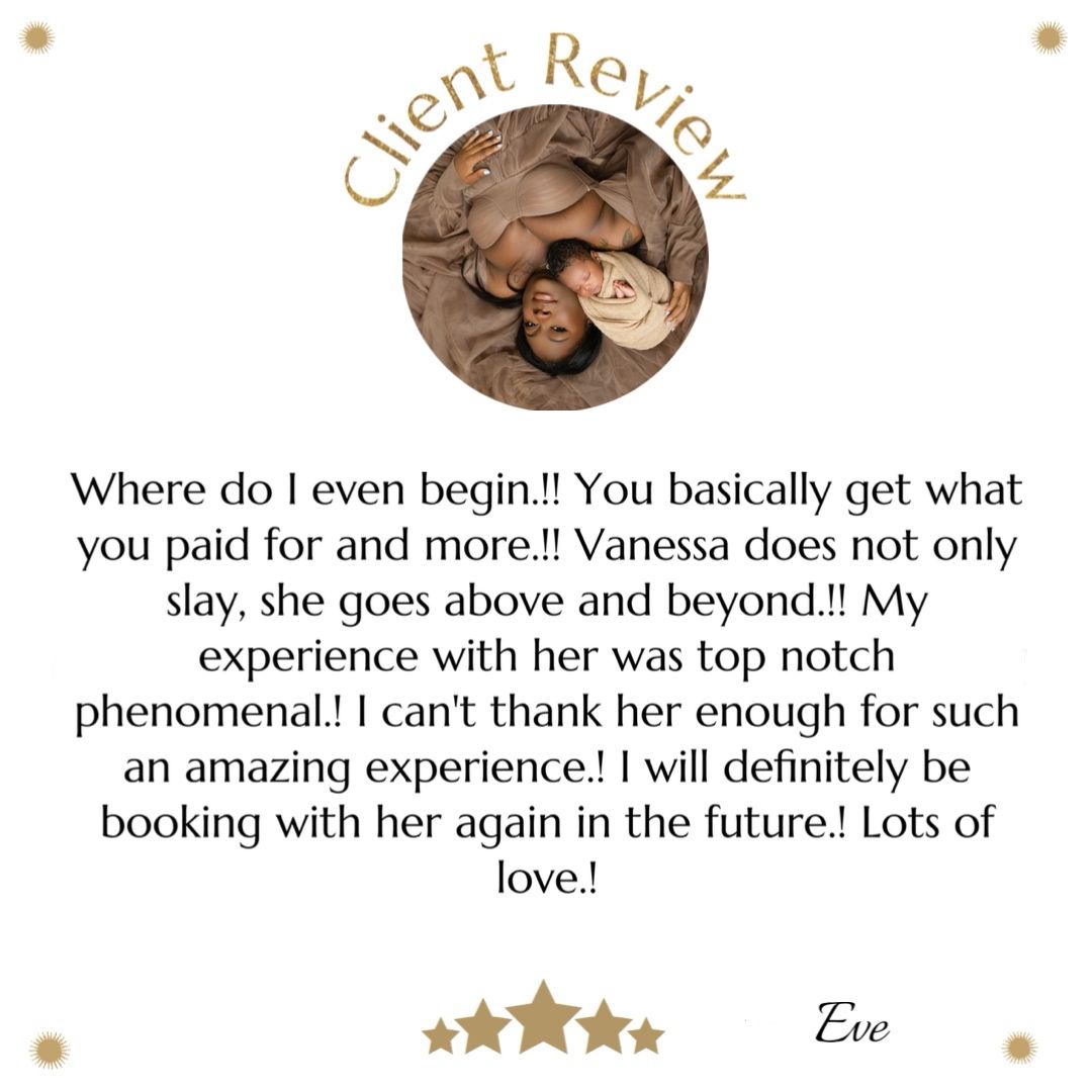 A glowing 5-star client review praising exceptional service and experience, with a bronze circular logo at the top.