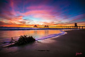 Stunning panoramic series of coastal sunset photos featuring vibrant orange skies and California beach pier silhouettes.