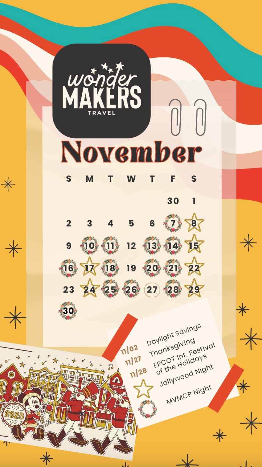 A colorful calendar page for November with a Wonder Makers Travel logo and retro wavy design elements against an orange background.