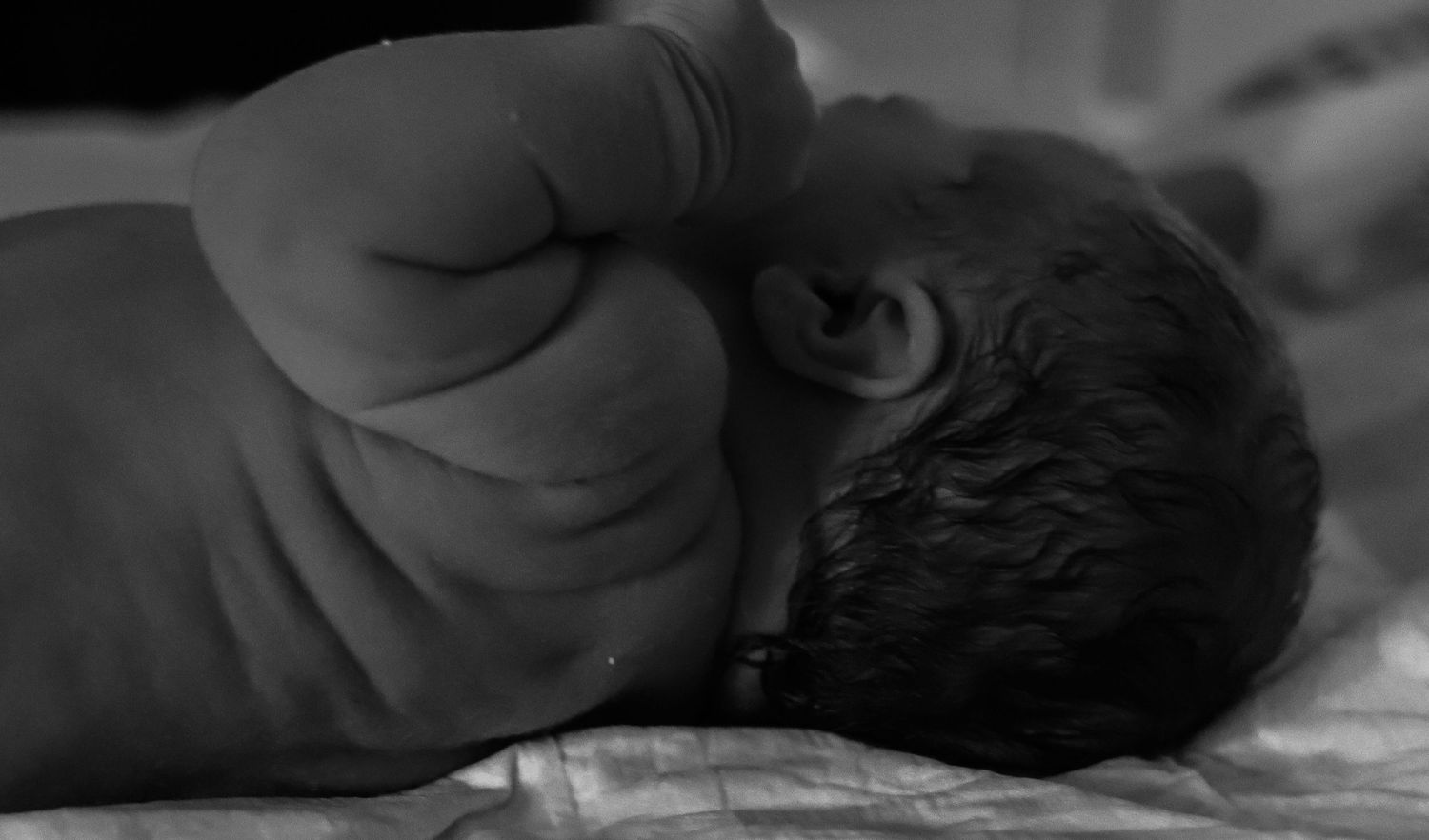 A black and white portrait of a sleeping baby curled up on soft bedding.