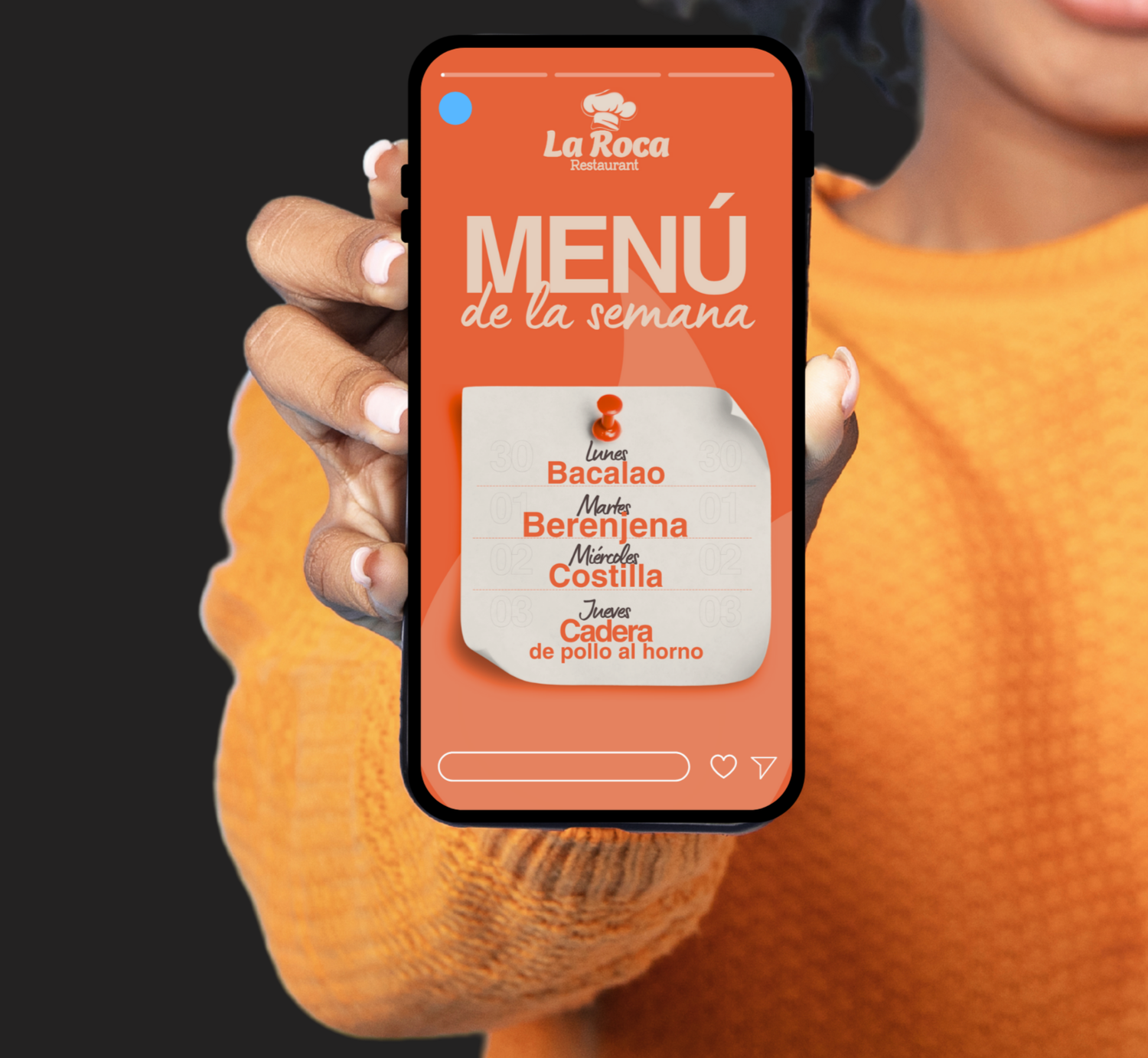 A person wearing an orange sweater points at a mobile phone screen displaying a restaurant menu app.