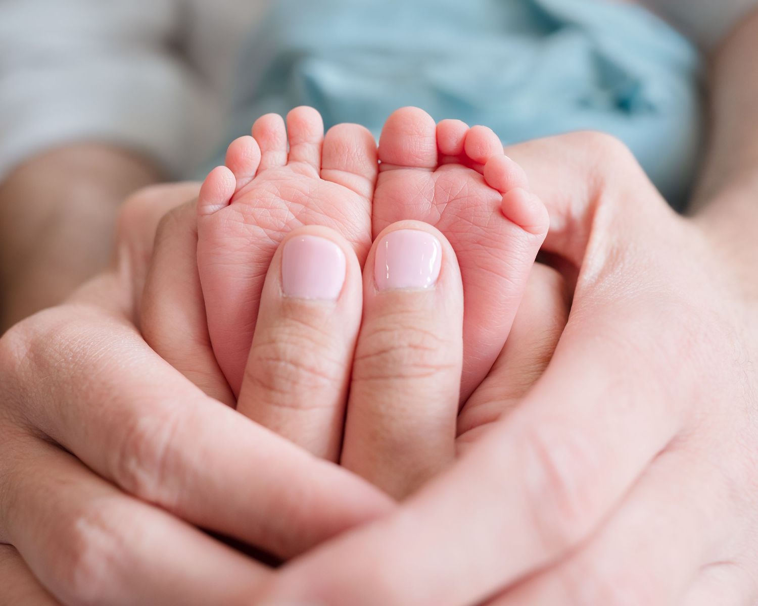 Adult hands gently cradle tiny newborn baby feet. Northern Virginia & DMV photographer