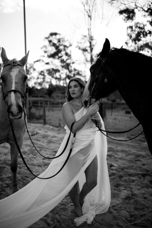 Elegant scene with white dress and two horses in black and white photography.