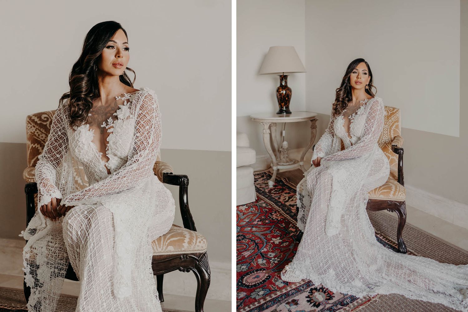 Two side-by-side photos showing a white lace wedding gown with long sleeves on an elegant vintage chair.