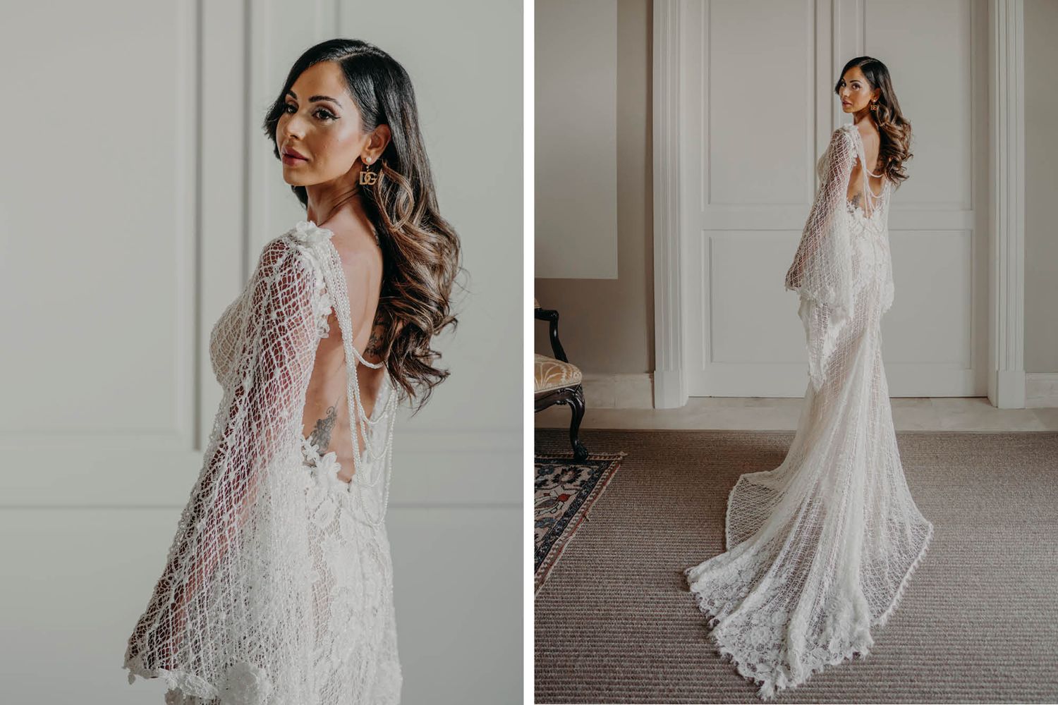 Long sleeve lace wedding gown with intricate details and flowing train shown from two different angles.