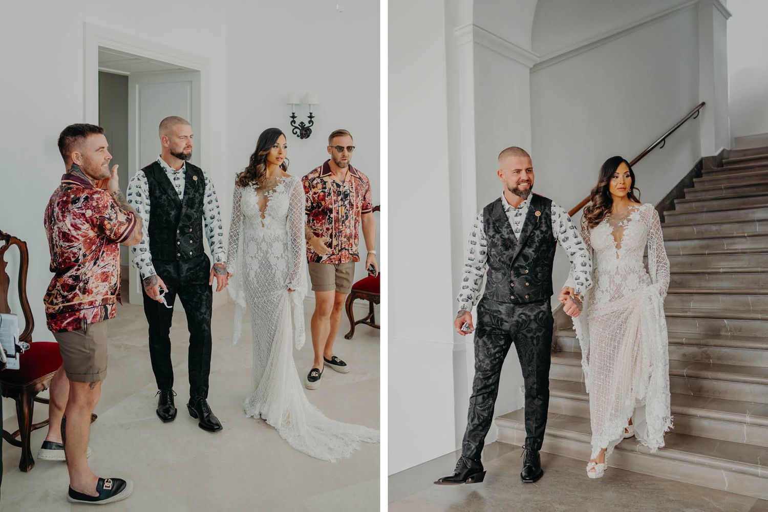 Wedding party descends elegant white staircase in formal attire including floral print and beaded gowns.