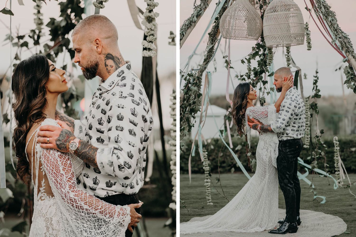A romantic couple shares intimate moments during their outdoor garden wedding ceremony surrounded by floral decorations.